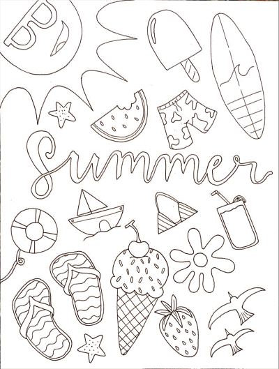 summer doodle word art coloring page