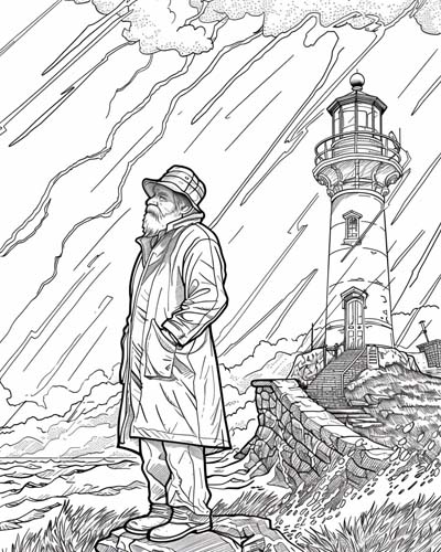 coloring page of a lighthouse keeper