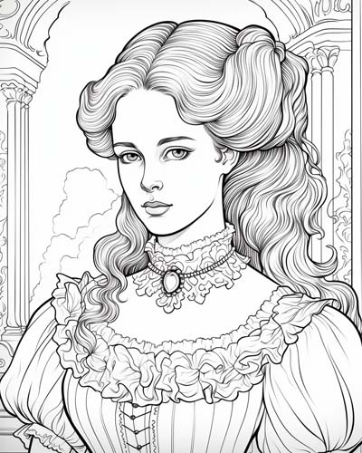 Victorian lady with a cameo necklace coloring page