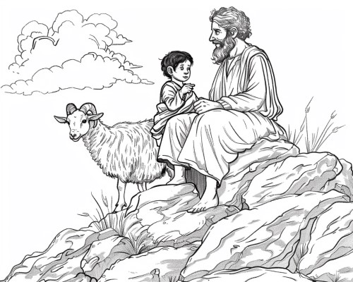 coloring page of Abraham and his son Isaac with a ram