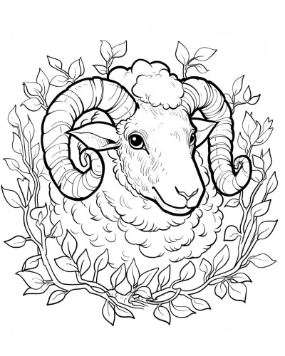 coloring page of a ram stuck in a thicket