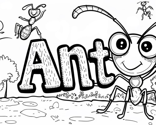 coloring page of an ant with Ant in bubble letters