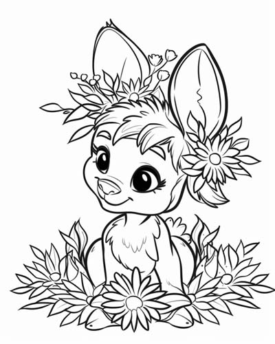 coloring page of a bunny surrounded by asters