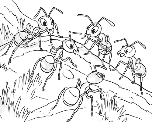 autumn coloring page of ants storing food for the winter