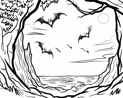 autumn coloring page of bats entering their cave