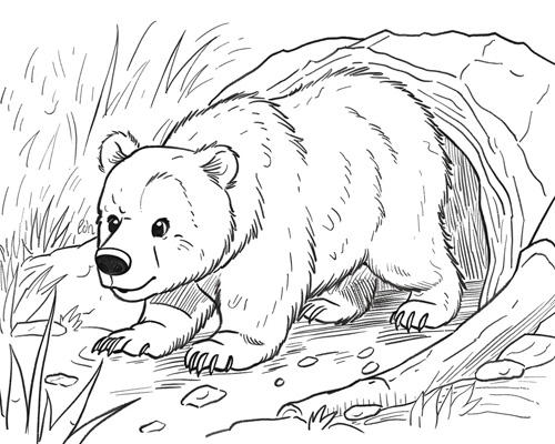 autumn coloring page of a bear finding his den