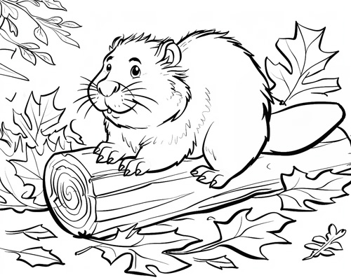 autumn coloring page of a beaver