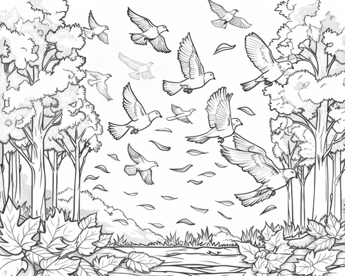 autumn coloring page of birds taking flight to migrate as the leaves fall around them