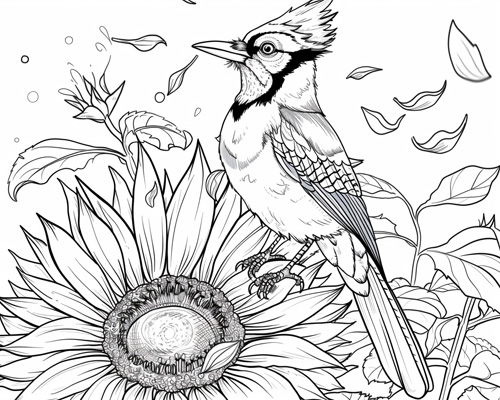 autumn coloring page of a blue jay on a ripe sunflower