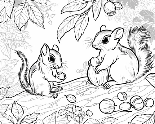 autumn coloring page of chipmunks gathering nuts