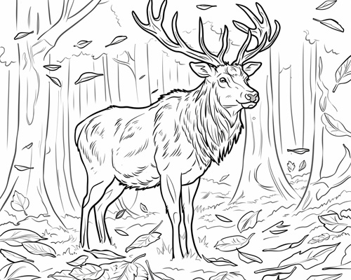 autumn coloring page of an elk in an autumn forest