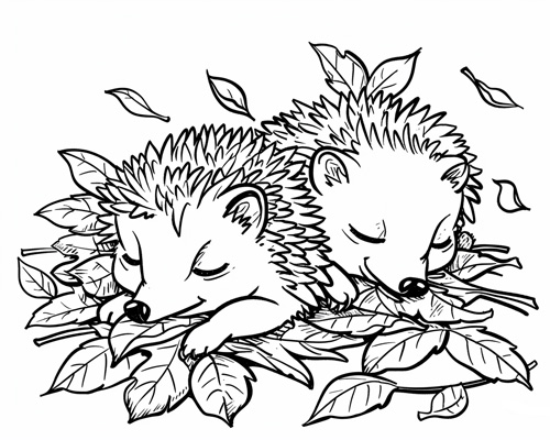 coloring page of two hedgehogs hibernating in the autumn leaves