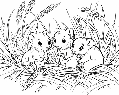 autumn coloring page of mice in the wheat field