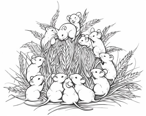 autumn coloring page of mice in the grain bins