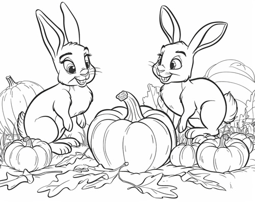 autumn coloring page of rabbits in the pumpkin patch