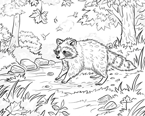 autumn coloring page of raccoon