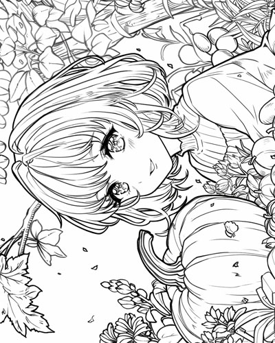 coloring page of a girl choosing a pumpkin