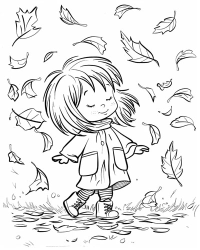 coloring page of a girl enjoying the autumn leaves