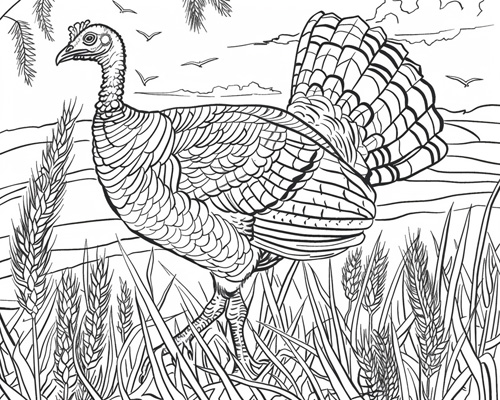 autumn coloring page of a wild turkey in a field of ripe grain