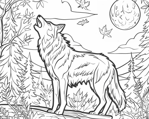 coloring page of a wolf howling at an autumn moon