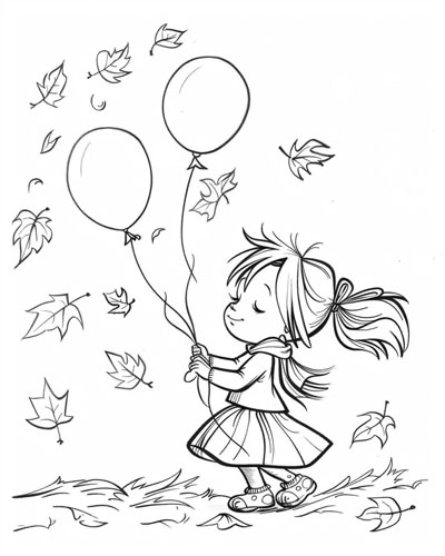 coloring page of a girl with balloons