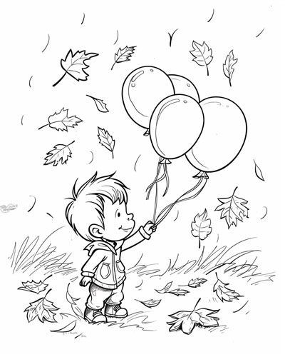 coloring page of a boy with balloons