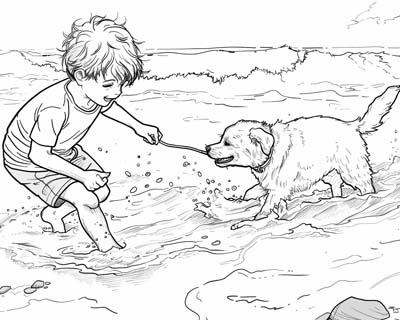 coloring page of a boy playing with his dog at the beach