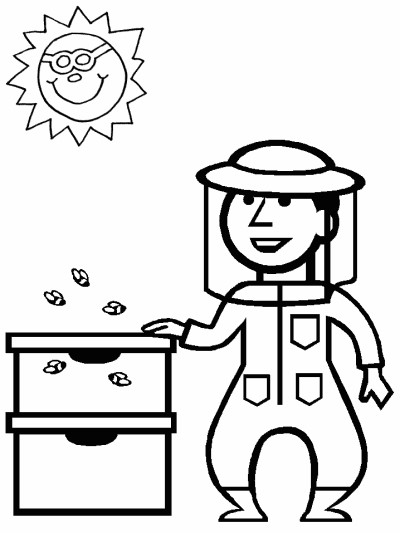 bee hive and bee keeper coloring page