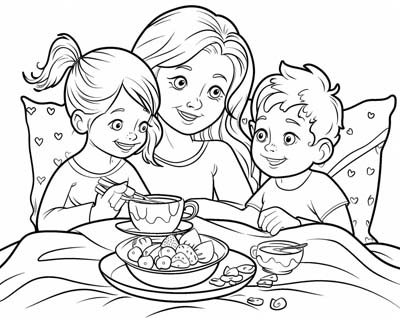 coloring page of kids serving breakfast in bed to mom