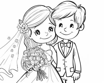 coloring page of a bride and groom at a wedding