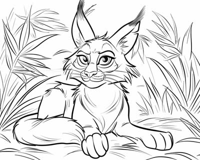 coloring page of a cartoon caracal resting