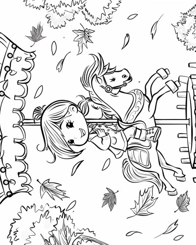 coloring page of a girl on the carousel