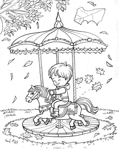 coloring page of a child on the carousel