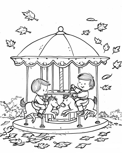 coloring page of children on the carousel