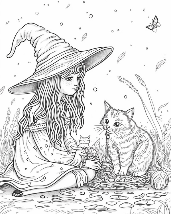 witch and her cat coloring page