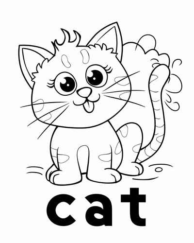 cat coloring page with label