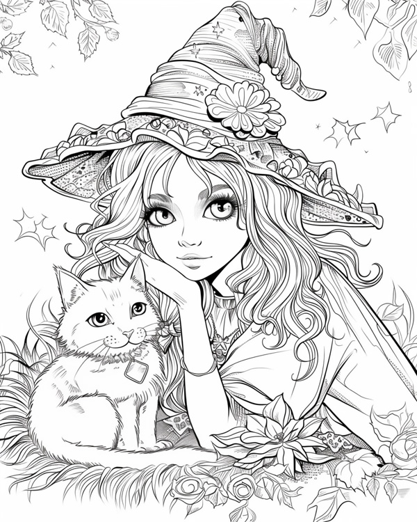 witch and her cat coloring page