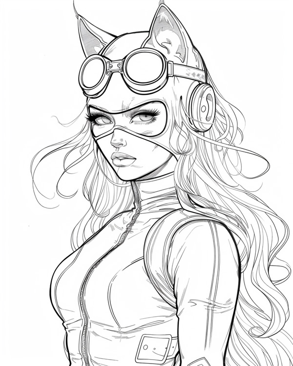 coloring page of a Halloween cat woman costume