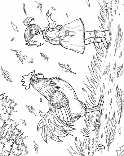 coloring page of a child and their chicken