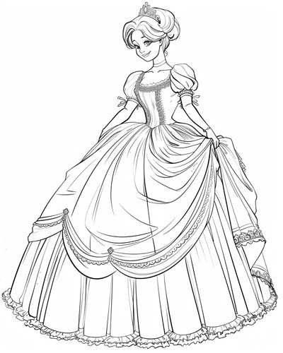 coloring page of Cinderella dressed for the ball