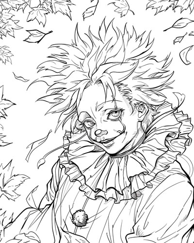 coloring page of a clown in fall