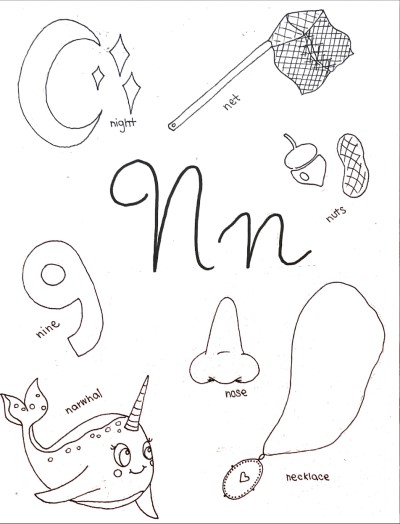 cursive letter n coloring page