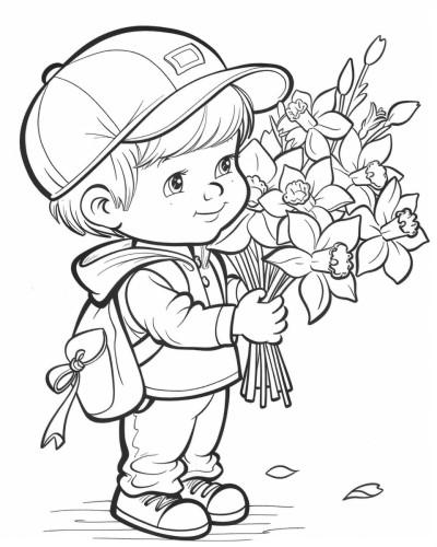 coloring page of a boy with a bouquet of daffodils