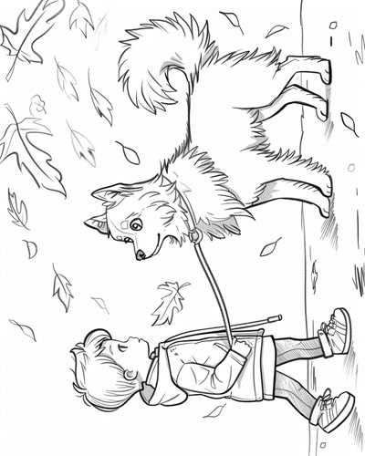 coloring page of a child and their dog