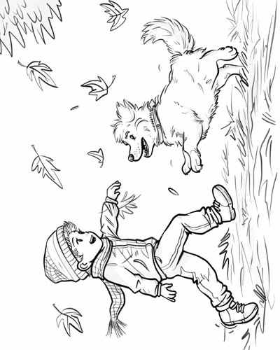 coloring page of a child and their dog