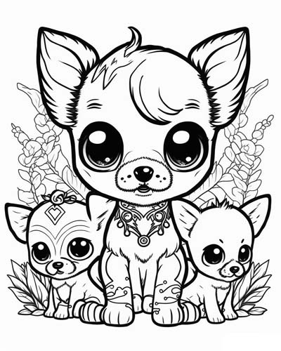 three dogs coloring book page