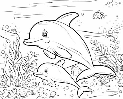 coloring page of a dolphin and her baby calf