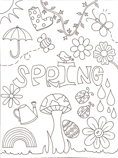 spring doodle word art coloring page