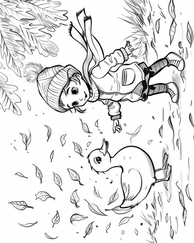 coloring page of a child and their duck