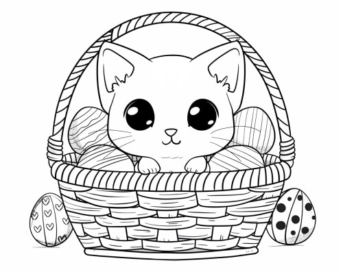 coloring page of a kitten peeking from an Easter basket